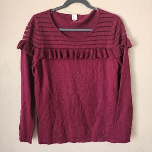 A Moon Burgundy Long Sleeve Ruffle Detail Scoop Neck Pullover Top Size Large